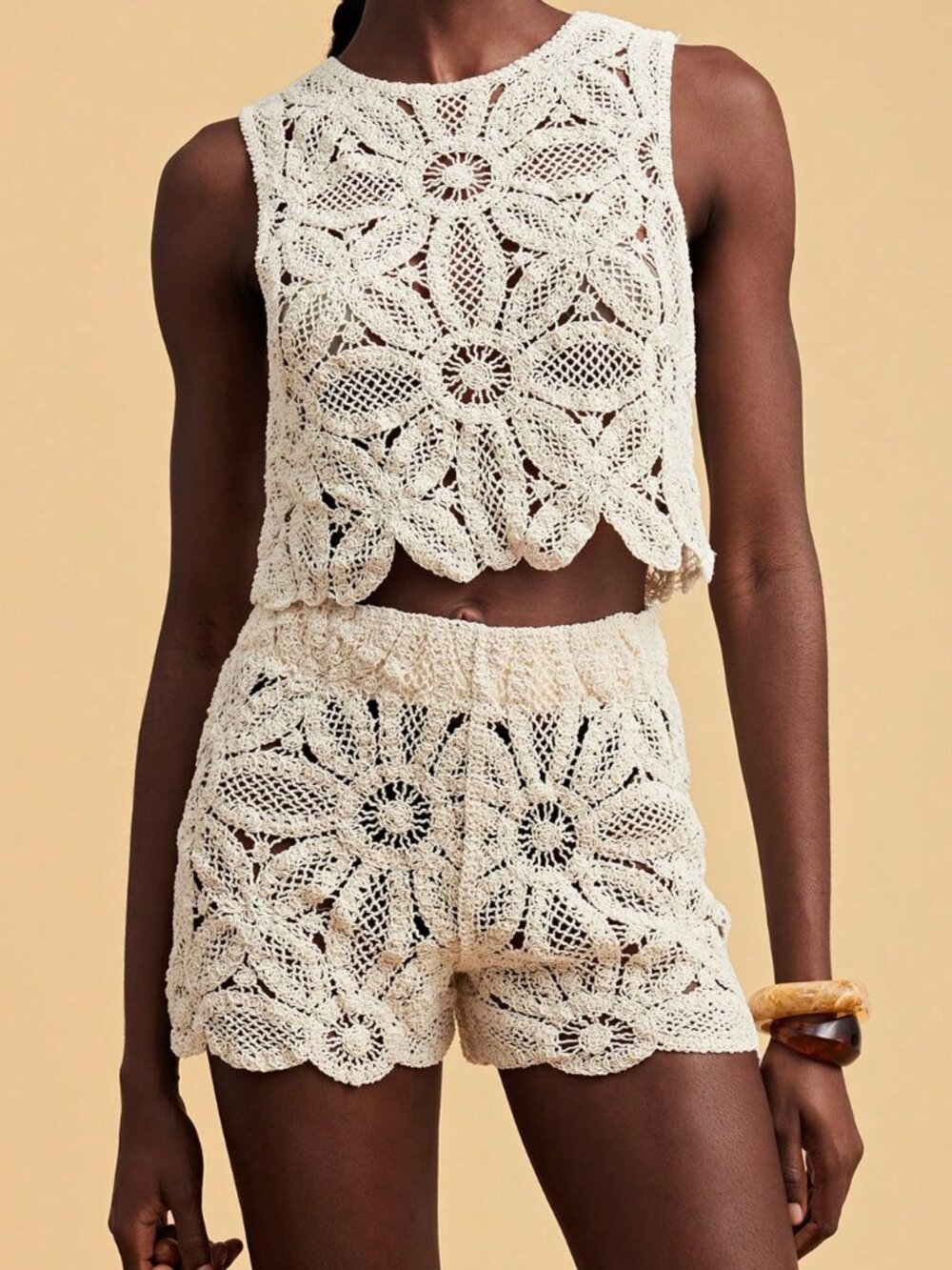 Apricot Casual Women's Floral Crochet Cropped Knit Top and Shorts Set - Picture 4 of 7